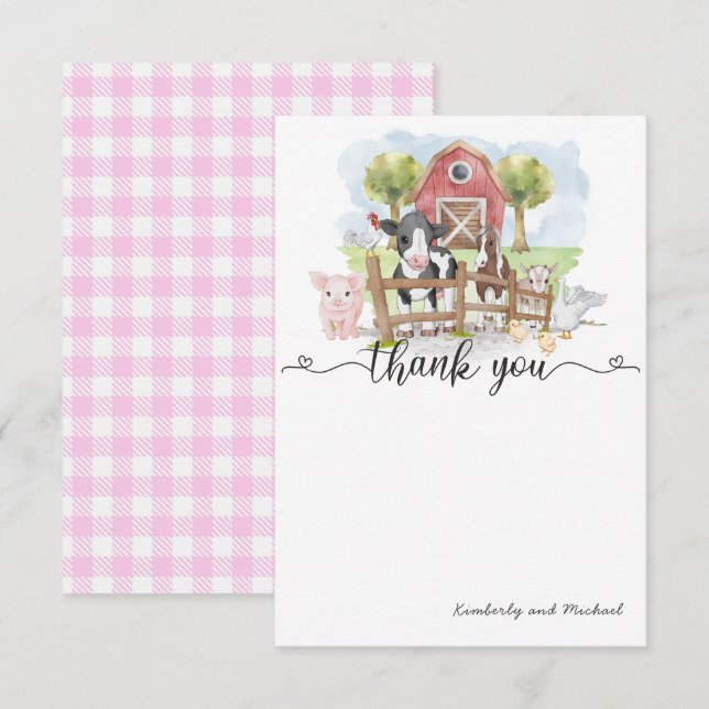 Carte De Remerciements Aquarelle Animaux de ferme Anniversaire | Baby sho (Devant / Derrière)