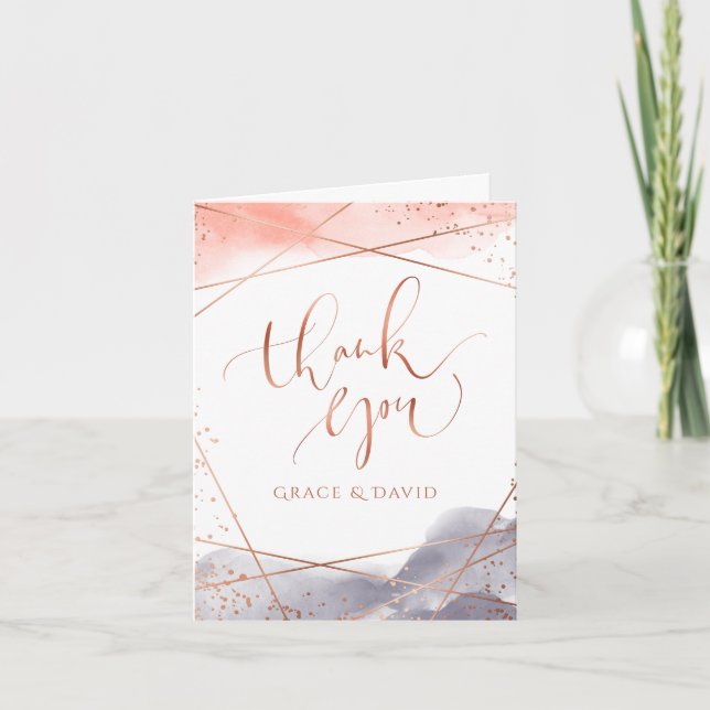 Carte De Remerciements Aquarelle aurifère rose Calligraphie géométrique (Devant)