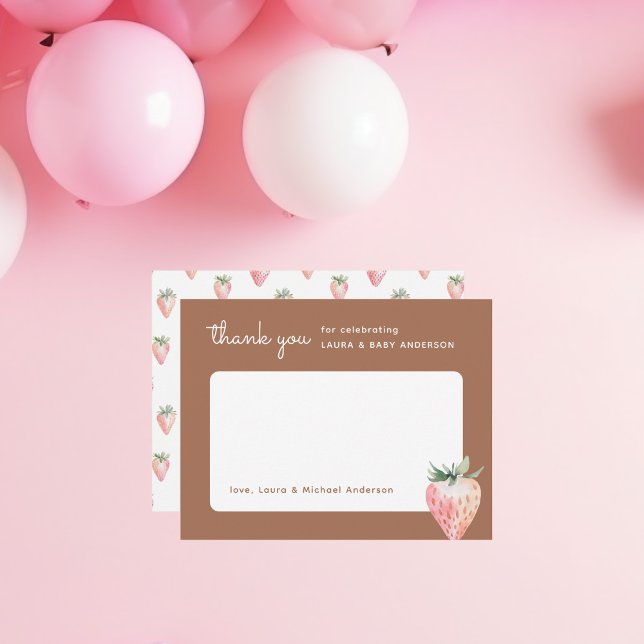 Carte De Remerciements Aquarelle Baby shower fraise (Thank you card in brown background and with a cute pink coquette watercolor strawberry)