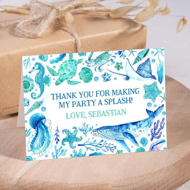 Carte De Remerciements Aquarelle Baleine bleu sous la mer (Watercolor Whale Blue Under the Sea Party Thank You Card)