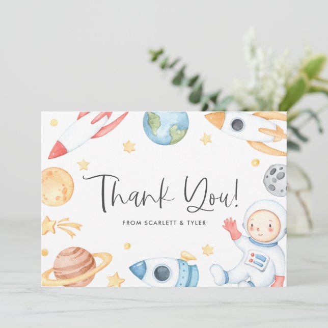Carte De Remerciements Aquarelle Bébé Astronaut Espace Baby shower à thèm (Debout devant)