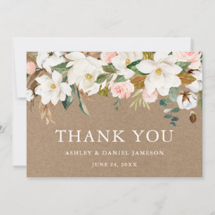 Carte De Remerciements Aquarelle blanc Magnolias Rose Mariage Kraft