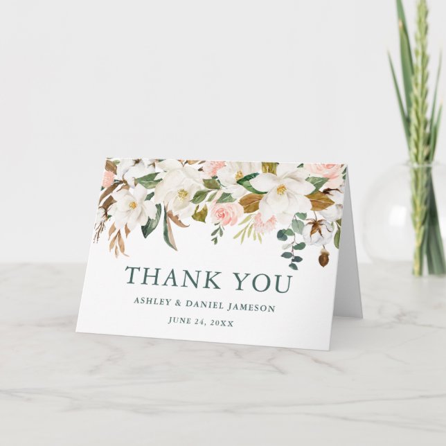Carte De Remerciements Aquarelle blanc Magnolias rose Roses Mariage Plier (Devant)