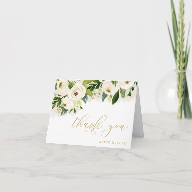Carte De Remerciements Aquarelle blanche et or Floral Personnalisé (Devant)