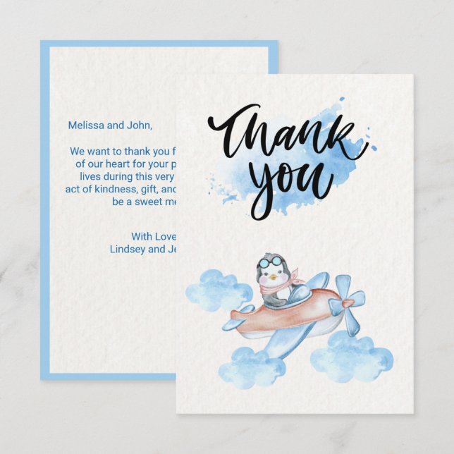 Carte De Remerciements Aquarelle bleu bleu blanc Pingouin pilote (Devant / Derrière)