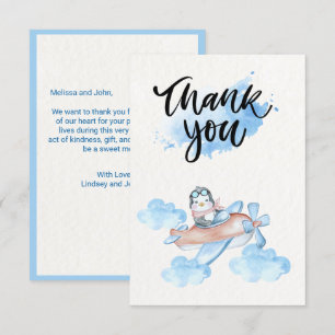 Carte De Remerciements Aquarelle bleu bleu blanc Pingouin pilote