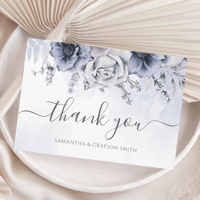 Carte De Remerciements Aquarelle bleu Dusty Floral Mariage élégant (Créateur téléchargé)