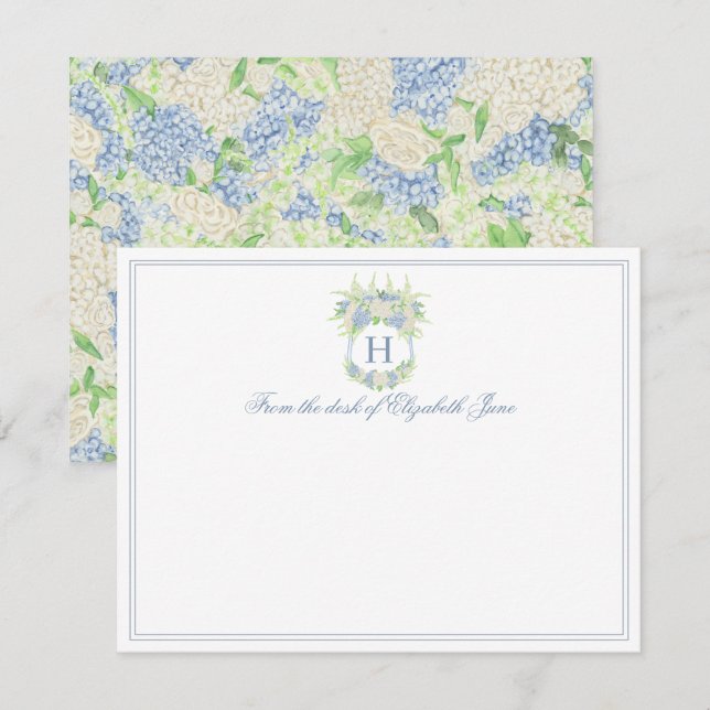 Carte De Remerciements Aquarelle bleu et blanc Mariage de crête d'Hydrang (Devant / Derrière)