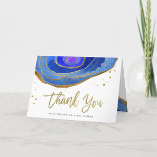 Carte De Remerciements Aquarelle Bleu et Gold Geode Mariage