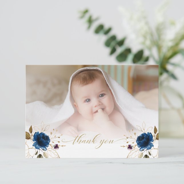 Carte De Remerciements Aquarelle Bleu Floral Gold Boy Photo Baptême (Debout devant)