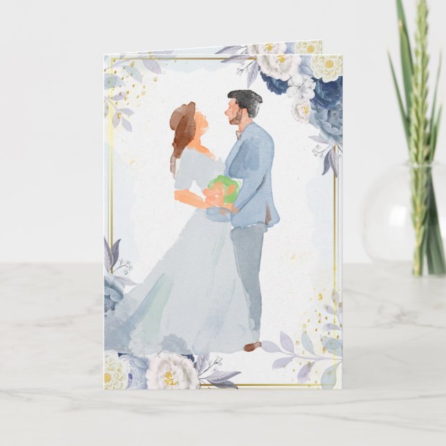 Carte De Remerciements Aquarelle bleu foncé Elégant Couple floral (Devant)