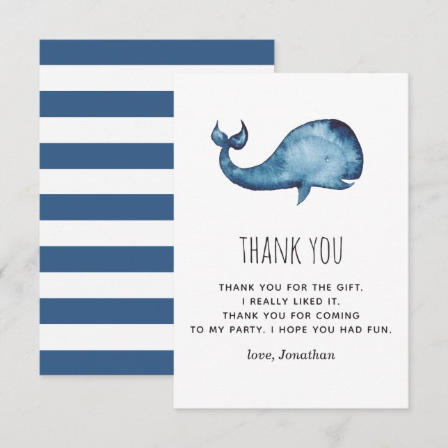 Carte De Remerciements Aquarelle bleu marine jolie baleine. Anniversaire  (Devant / Derrière)