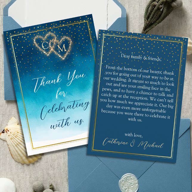 Carte De Remerciements Aquarelle Bleu Océan Vagues Avec Mariage Monogramm (Créateur téléchargé)