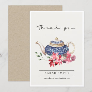 Carte De Remerciements Aquarelle bleu rouge Teapot Floral Tea Party