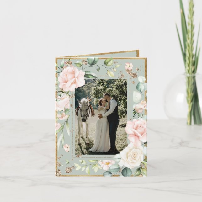 Carte De Remerciements Aquarelle bleu Sage Green Photo Mariage Floral (Devant)