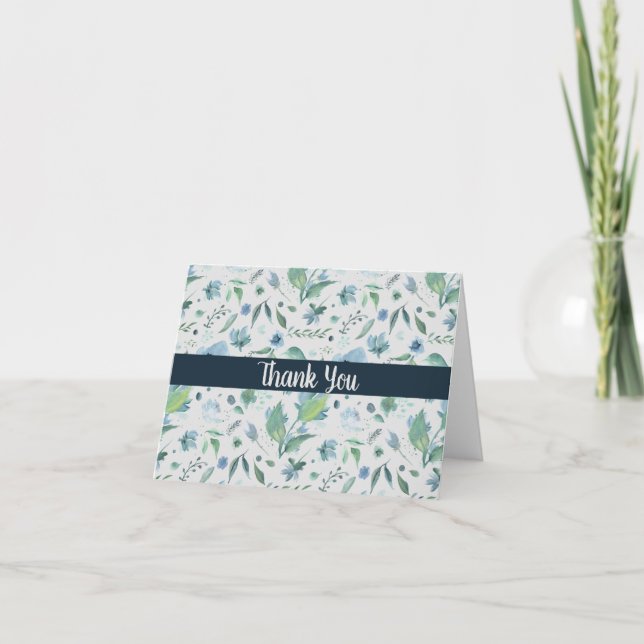 Carte De Remerciements Aquarelle Bleu sur Fleurs Personnalisées Gris Clai (Devant)