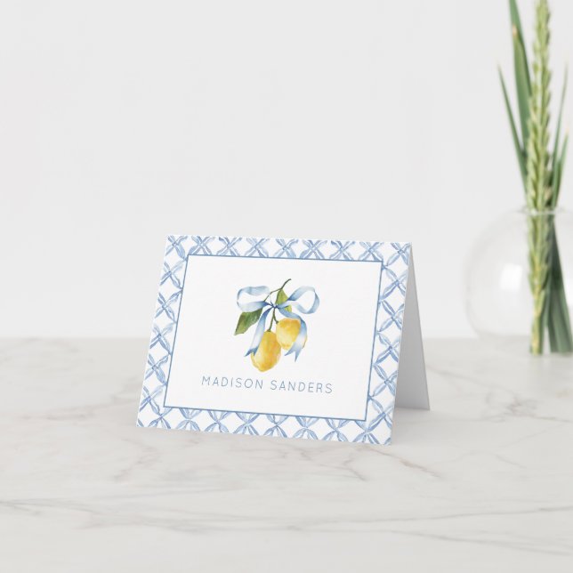 Carte De Remerciements Aquarelle Blue Bow Lemons Personnalisé (Devant)