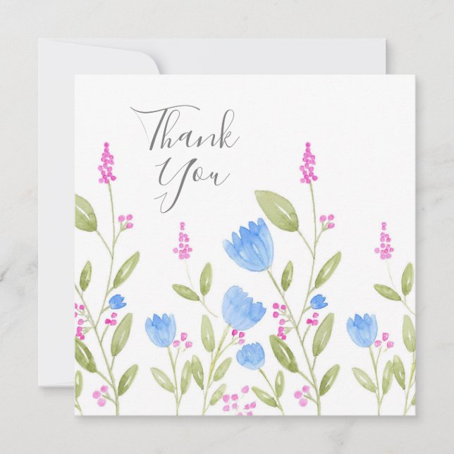 Carte De Remerciements Aquarelle 'Blue Flowers and Pink Berries' (Devant)