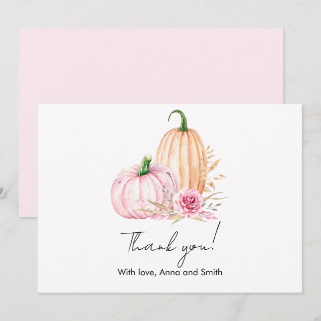 Carte De Remerciements Aquarelle Boho Citrouille Baby-shower (Devant / Derrière)