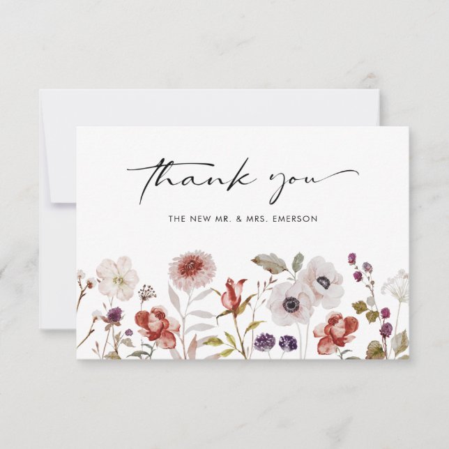 Carte De Remerciements Aquarelle Boho Mariage Floral (Devant)