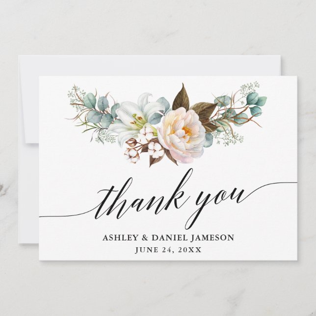 Carte De Remerciements Aquarelle Botanique Floral Calligraphie Mariage (Devant)