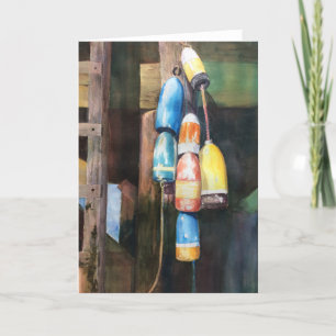 Carte De Remerciements Aquarelle Bouée de Homard Maine Bleu Côtiers Jaune