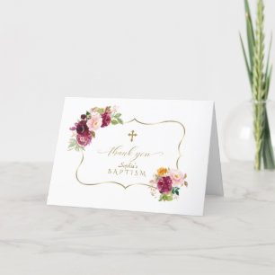 Carte De Remerciements Aquarelle Bourgogne Fleurs safran Or Baptême