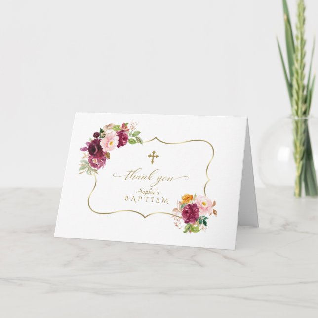 Carte De Remerciements Aquarelle Bourgogne Fleurs safran Or Baptême (Devant)