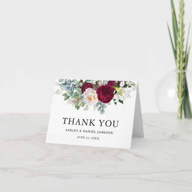 Carte De Remerciements Aquarelle Bourgogne Flore Mariage B Note (Devant)