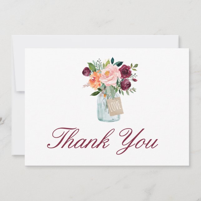 Carte De Remerciements Aquarelle Bourgogne Marsala Fleurs Mason Jar (Devant)