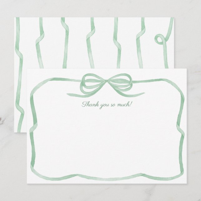 Carte De Remerciements Aquarelle Bow Vert Attache La Fête des mariées Kno (Devant / Derrière)