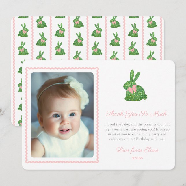 Carte De Remerciements Aquarelle Boxwood Spring Bunny Pink Bow Photo (Devant / Derrière)