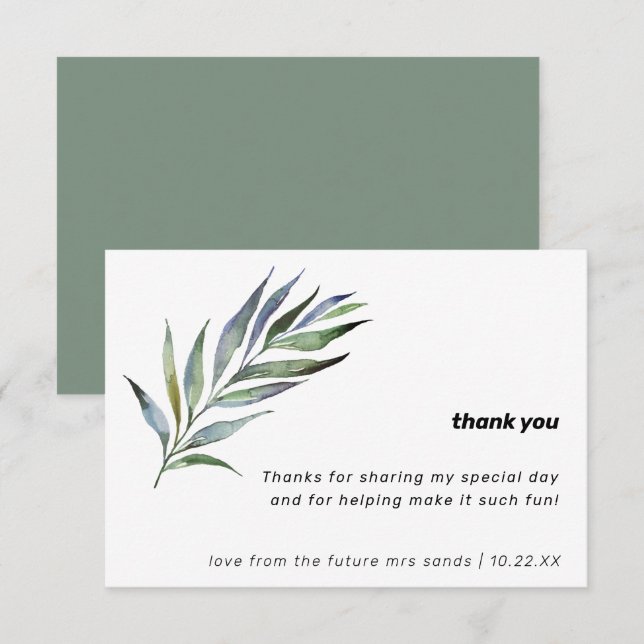 Carte De Remerciements Aquarelle Branche d'olive Fête des mariées de verd (Devant / Derrière)