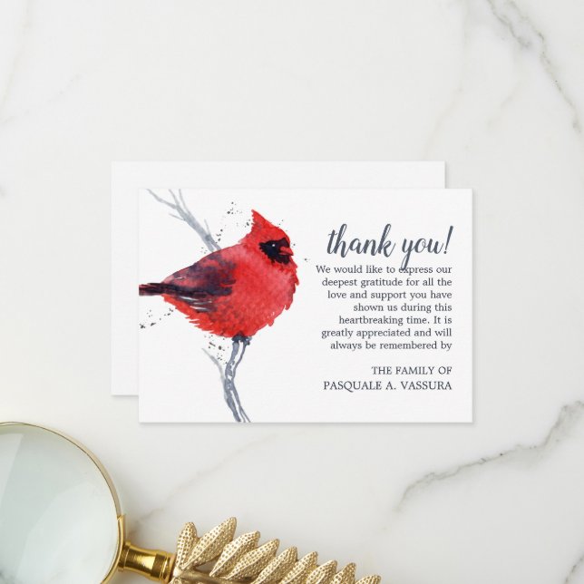 Carte De Remerciements Aquarelle cardinale 3,5 po x 5 po (Devant/Arrière en situation)