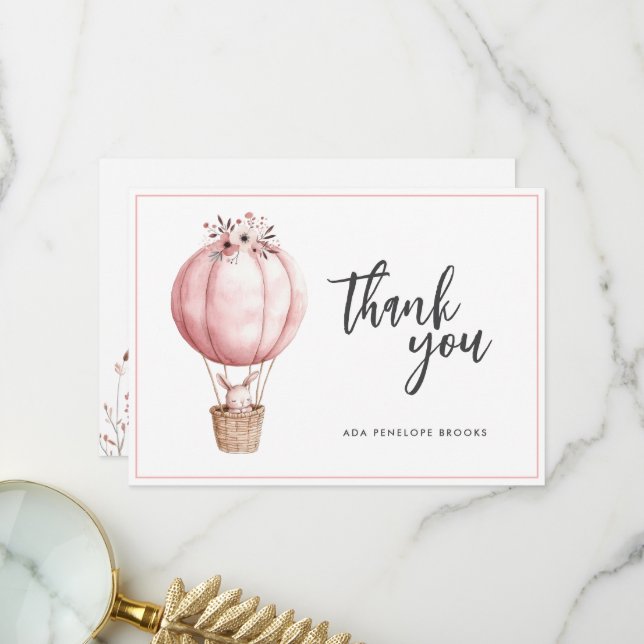 Carte De Remerciements Aquarelle Chic simple Hot Air Balloon Baby Girl (Devant/Arrière en situation)