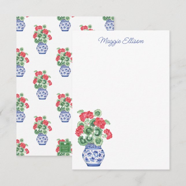 Carte De Remerciements Aquarelle Chinoiserie Vase des Geraniums rouges (Devant / Derrière)