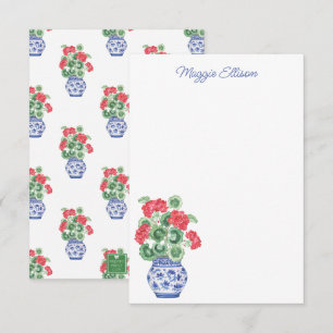 Carte De Remerciements Aquarelle Chinoiserie Vase des Geraniums rouges