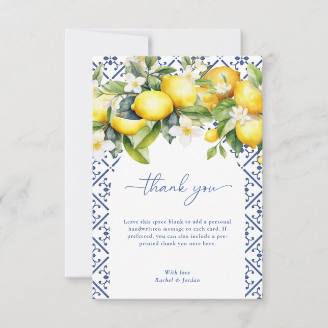 Carte De Remerciements Aquarelle Citron méditerranéen Mariage italien (Devant)