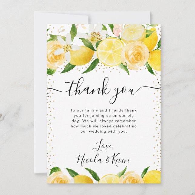 Carte De Remerciements Aquarelle Citrons et Fleurs Mariage (Devant)