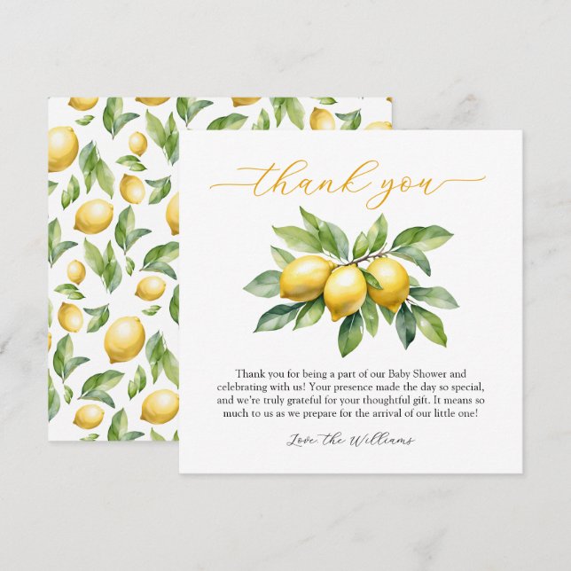 Carte De Remerciements Aquarelle Citrus Lemon Baby shower (Devant / Derrière)