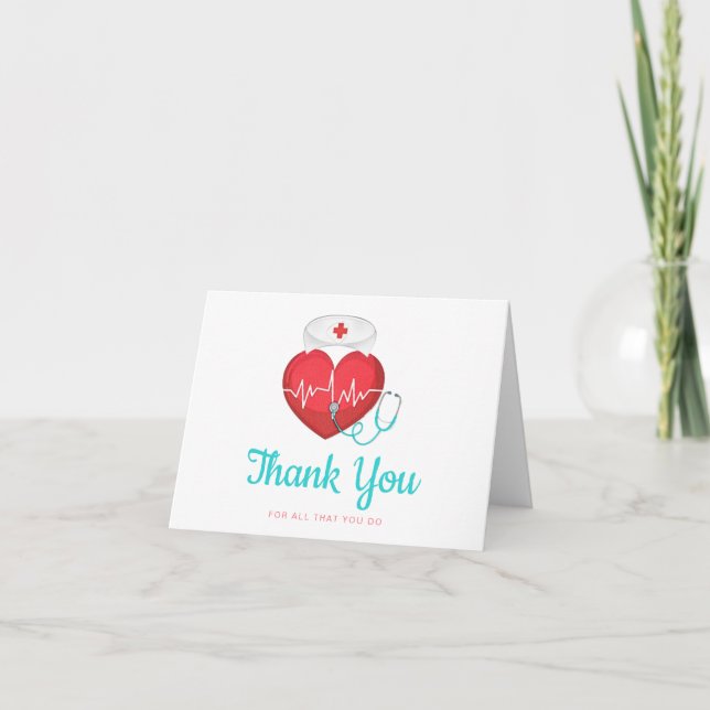 Carte De Remerciements Aquarelle Coeur Stethoscope Infirmière Casquette (Devant)