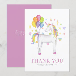 Carte De Remerciements Aquarelle coloré Rainbow Unicorn Anniversaire de e