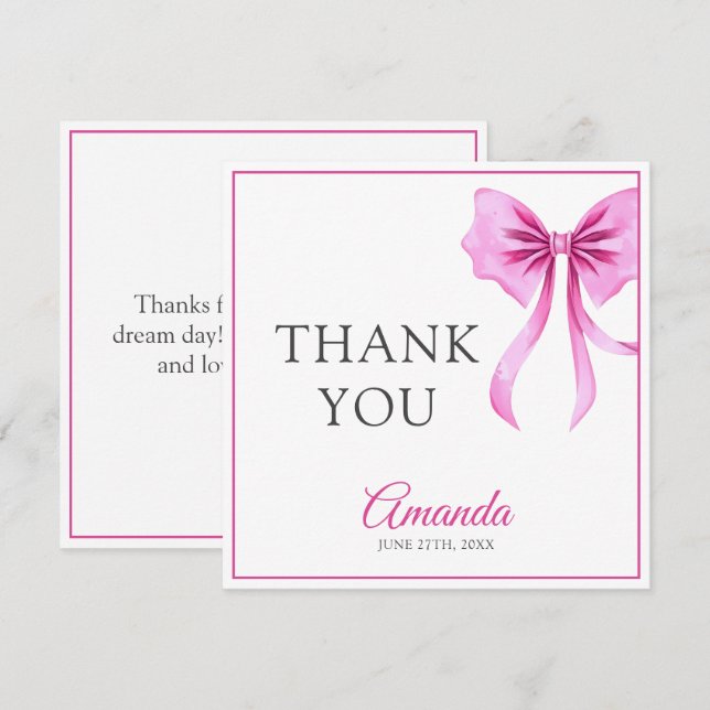 Carte De Remerciements Aquarelle Coquette Rose Bow Sweet 16 Anniversaire (Devant / Derrière)