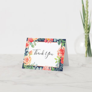Carte De Remerciements Aquarelle Coral Floral Verdure Mariage de marine