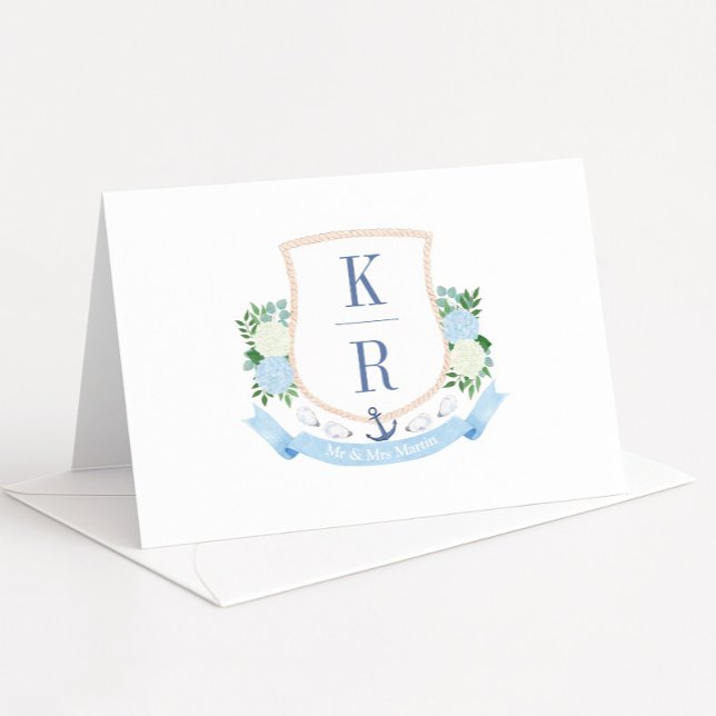 Carte De Remerciements Aquarelle Côtière Thème Cimier Photo Mariage (Stylish coastal inspired watercolor couples monogram crest wedding thank you cards)