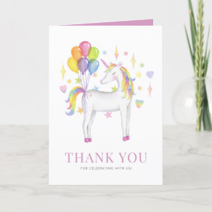 Carte De Remerciements Aquarelle couleur arc-en-ciel Unicorne avec ballon