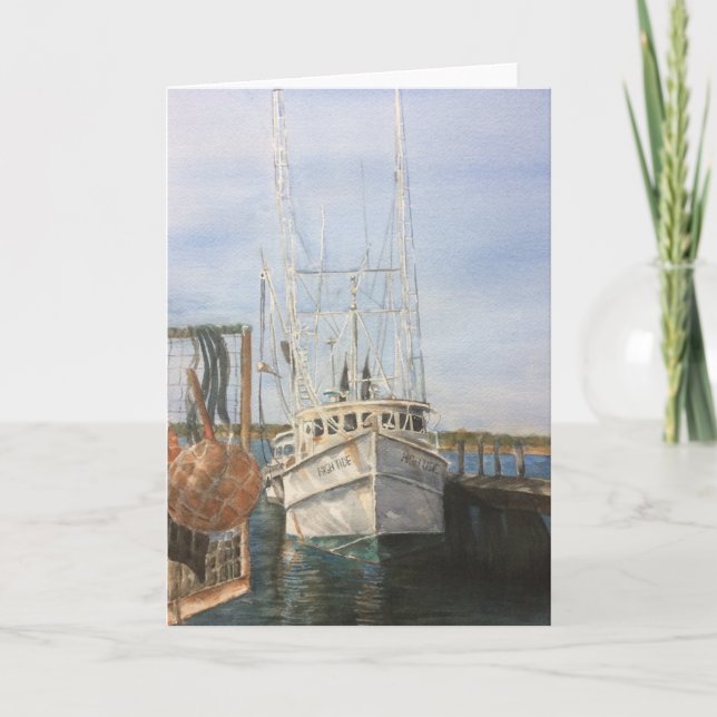 Carte De Remerciements Aquarelle Crevette Bateau Côtier Pêche Océan (Devant)