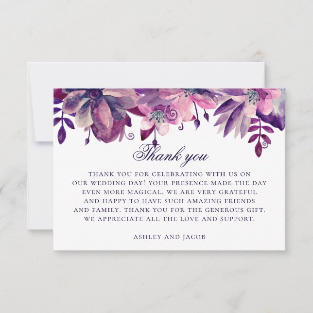 Carte De Remerciements Aquarelle de fleurs violettes et roses. Mariage fl (Devant)