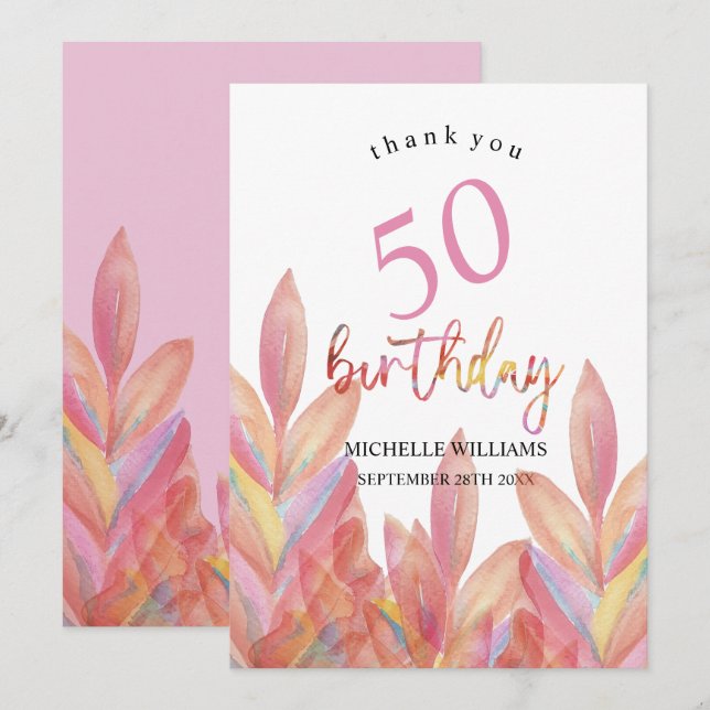 Carte De Remerciements Aquarelle de la fête artistique rose tropicale (Devant / Derrière)