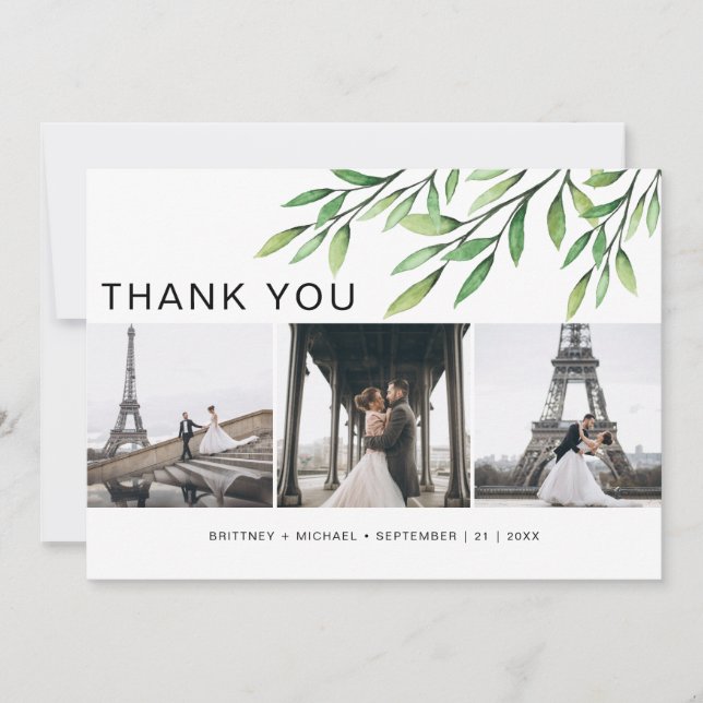 Carte De Remerciements Aquarelle de verdure photo élégant (Devant)
